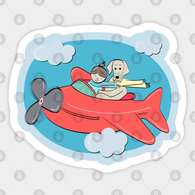 Cute Flying Adventure for a Girl and her Dog in an Airplane Sticker by YourGoods